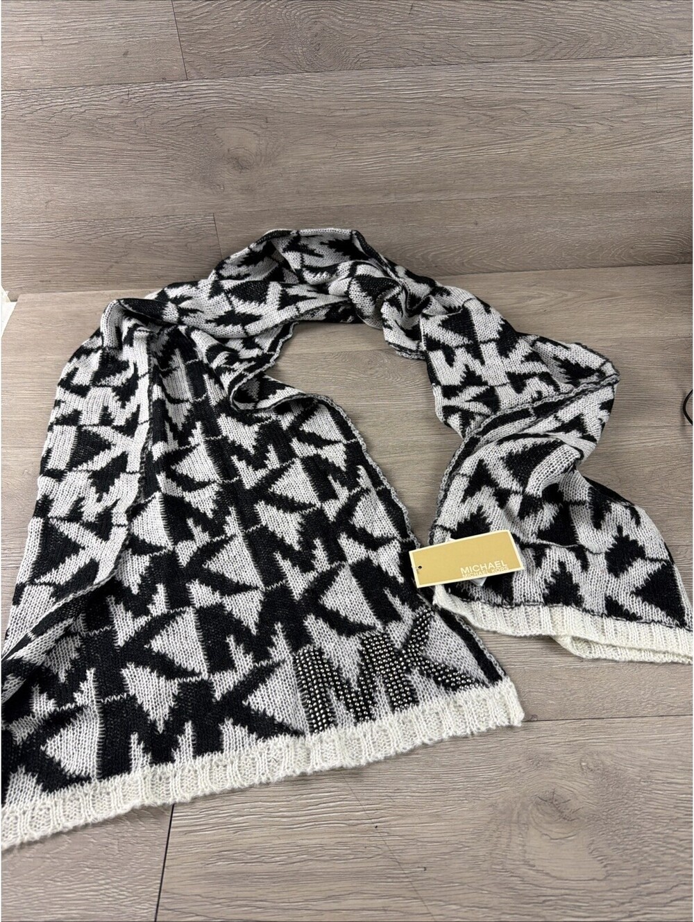 Michael Kors Scarf Womens One Size White Black MK Logo Bedazzled Knit NWT